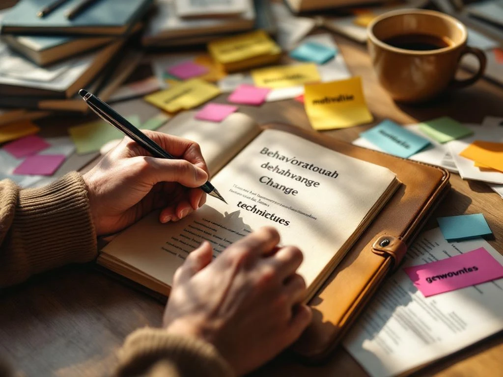 Handen schrijven gedragsverandering technieken in notitieboek met Nederlandse sticky notes over motivatie en gewoontes