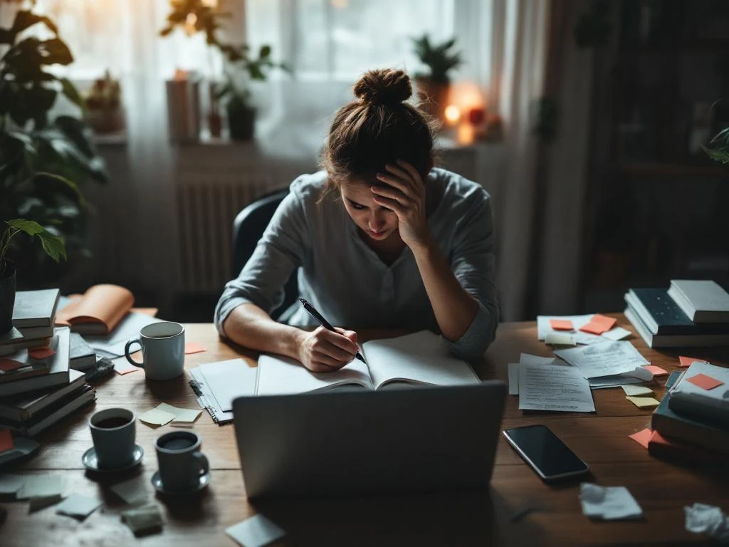 Persoon met pen en notitieboek aan rommelig bureau met plakbriefjes, boeken over gedragsverandering en koffiekopjes