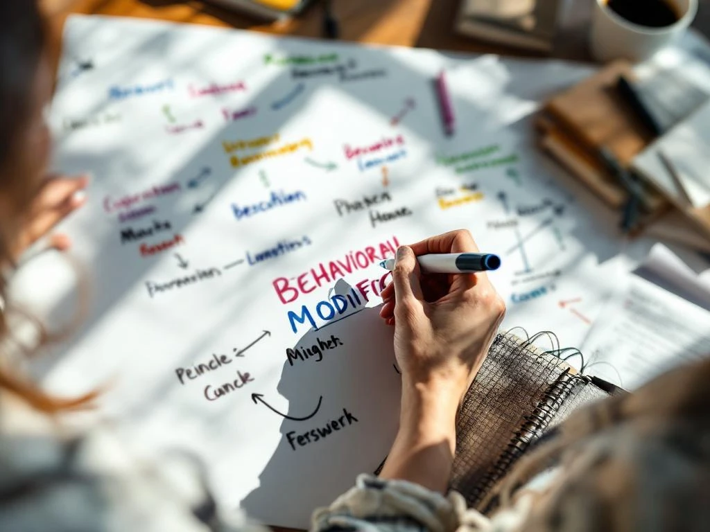 Handen schrijven gedragsverandering concepten op whiteboard met kleurrijke markers, diagrammen en Nederlandse termen zichtbaar