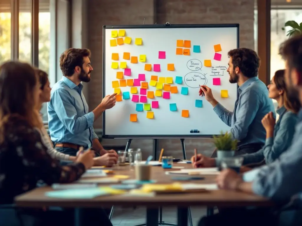 Professionals collaboreren rond whiteboard met gekleurde sticky notes tijdens interactieve workshop over gedragsverandering