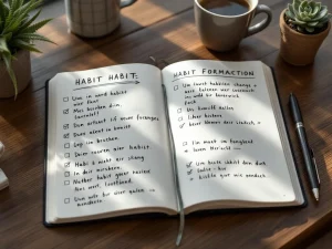 Open notitieboek met handgeschreven notities over gewoontevorming op houten bureau, met koffie en pen erbij