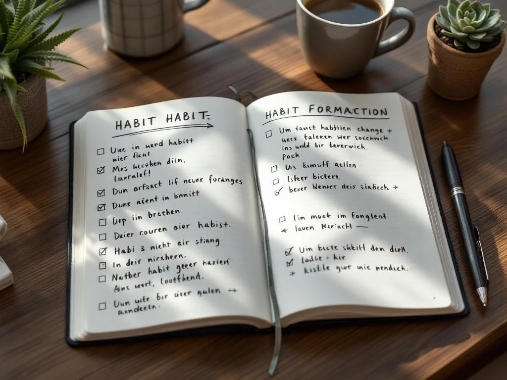 Open notitieboek met handgeschreven notities over gewoontevorming op houten bureau, met koffie en pen erbij