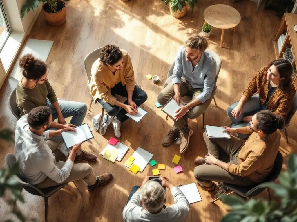Diverse groep van vijf mensen in cirkel tijdens workshop, actief in gesprek met notities en sticky notes in moderne ruimte