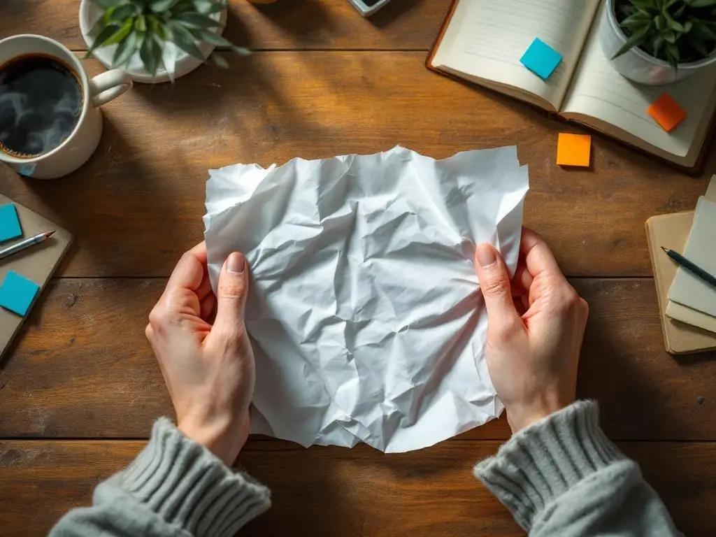 Handen die verfrommeld papier gladstrijken op houten bureau met koffie en notitieboek, warme aardse tinten