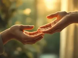 Twee handen reiken naar elkaar in ondersteunend gebaar tegen warme achtergrond, symboliseert empathie en verbinding