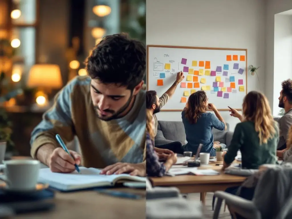 Gesplitst scherm toont individuele reflectie links en teamcollaboratie rechts, contrast tussen solo-werk en groepsdynamiek