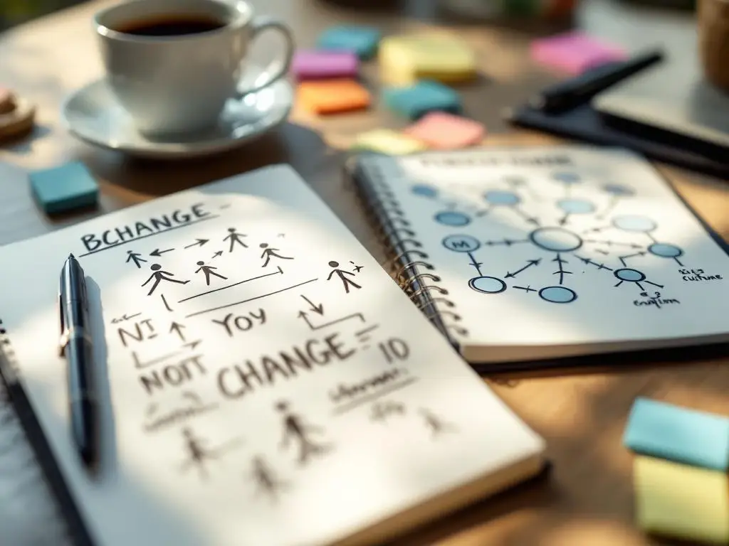 Twee open notitieboekjes op houten bureau tonen handgetekende diagrammen van individueel gedrag en organisatiecultuur