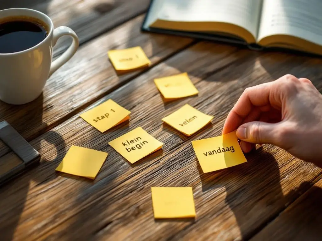 Hand plaatst gele sticky note met Nederlandse tekst op houten bureau naast koffie en notitieboek met vinkjes