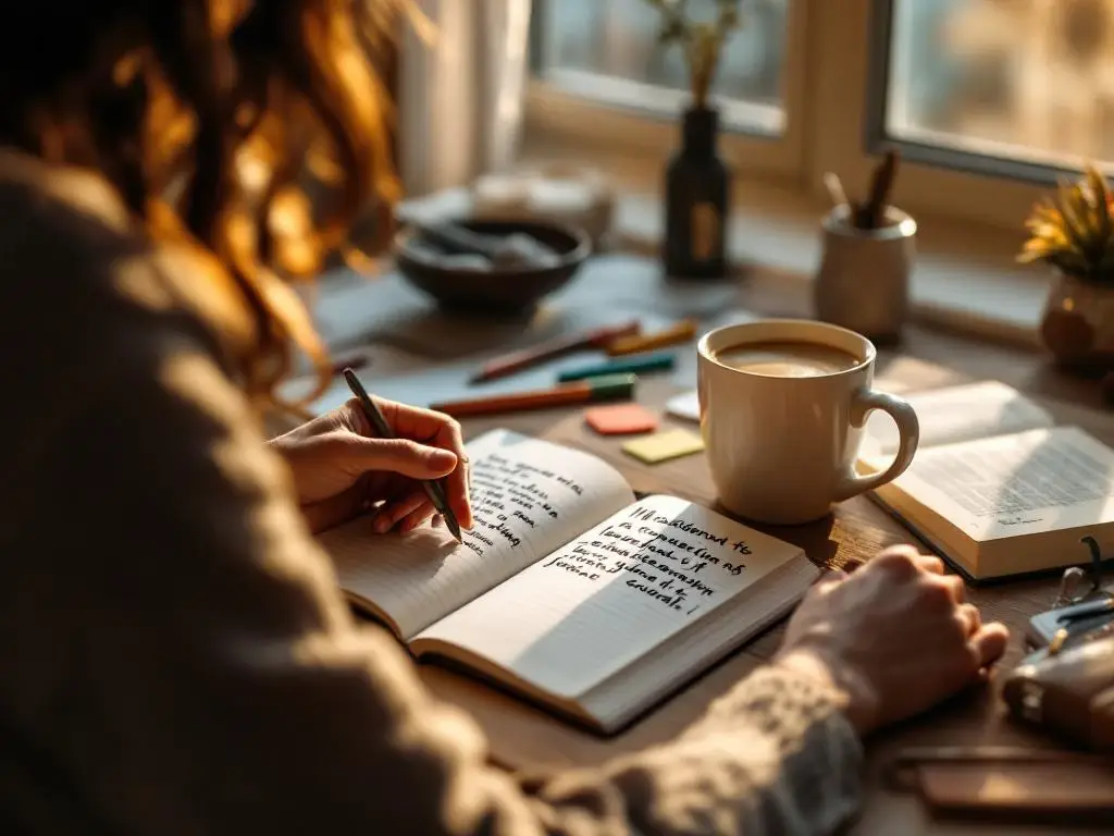 Persoon reflecteert aan houten bureau met open dagboek, koffie en notities in warm verlicht thuiskantoor