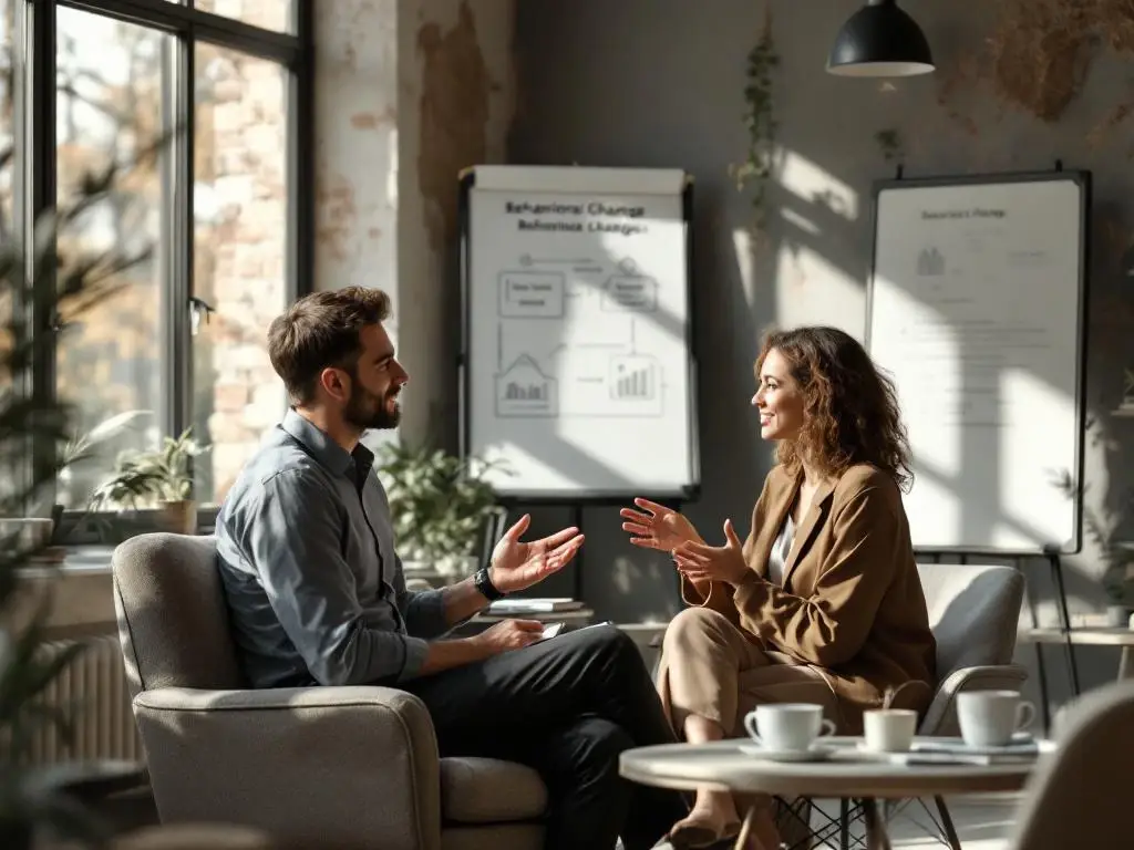 Manager en medewerker in gesprek in modern kantoor met whiteboard en coaching diagrammen op achtergrond