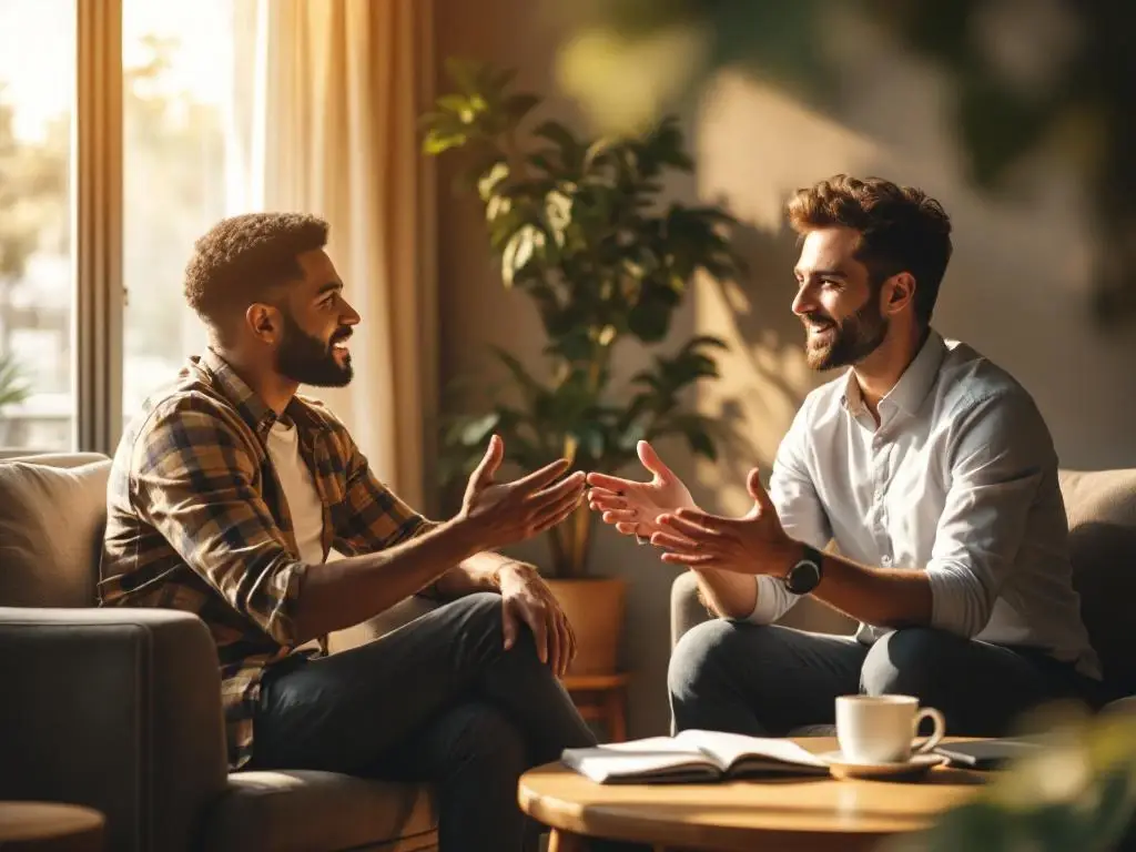 Manager en medewerker in gesprek aan tafel in moderne kantooromgeving met warme verlichting en koffiekopjes