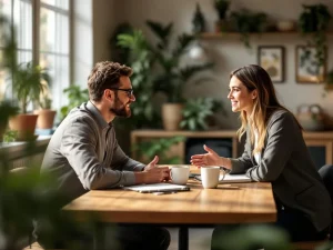 Manager en medewerker in gesprek aan houten tafel in moderne werkruimte met planten en natuurlijk licht