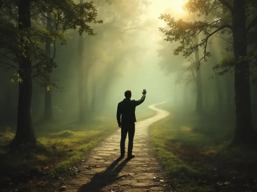 Silhouet van persoon bij kruispunt in mistig bos met glazen barrières die paden blokkeren, gouden ochtendlicht