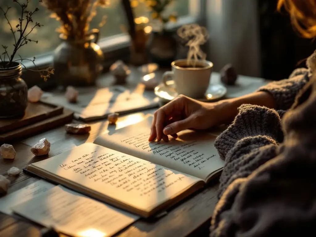 Persoon in contemplatie aan houten bureau met dagboek, koffie en kristallen in warm verlichte thuiswerkplek