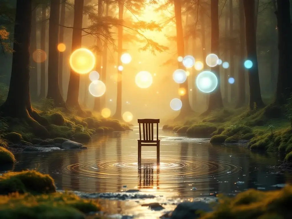 Houten stoel bij beekje in bosopen plek tijdens gouden uur met zwevende lichtorbs en gefilterd zonlicht door bomen