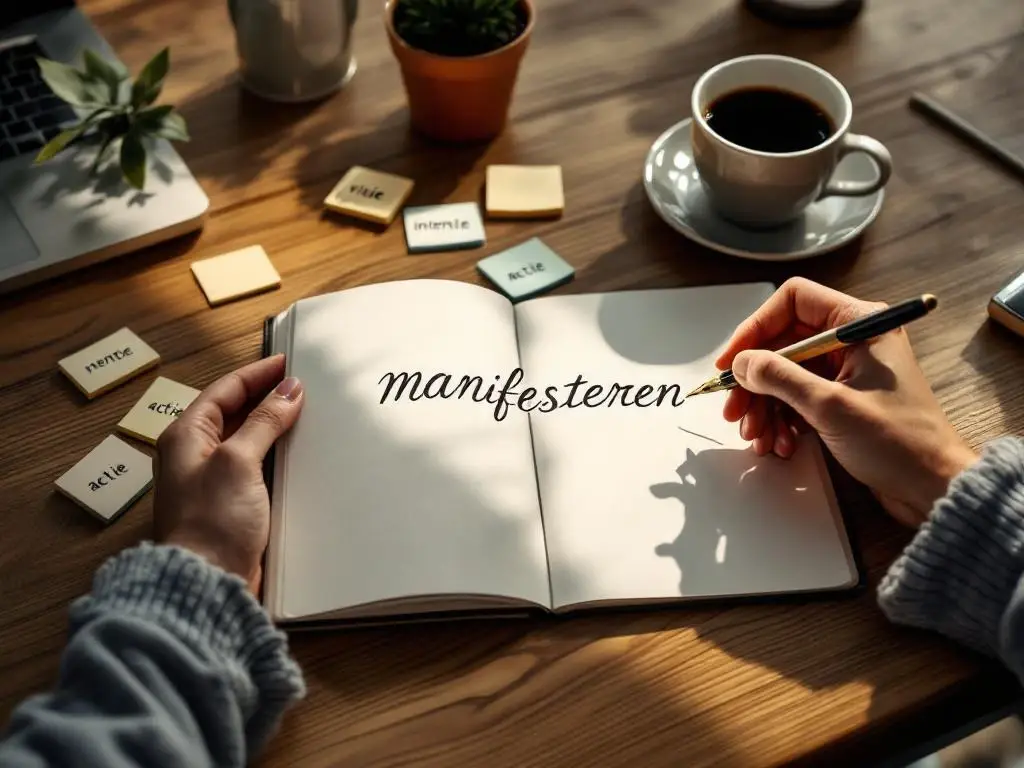 Handen schrijven "manifesteren" in notitieboek op houten bureau, omringd door sticky notes met "visie" en "intentie"