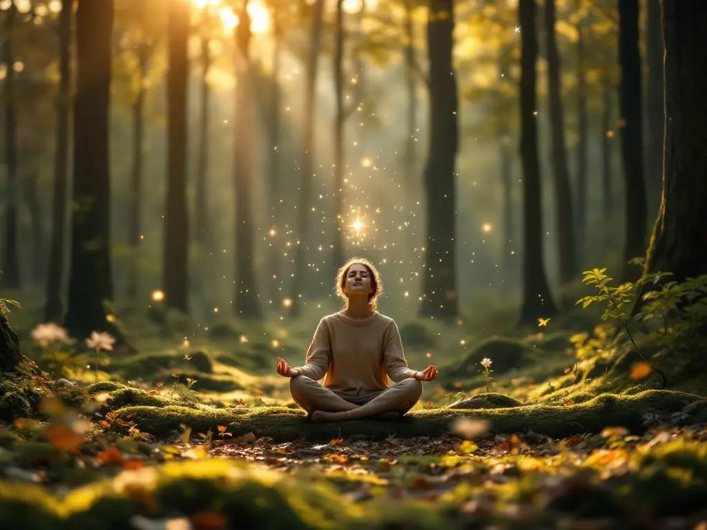 Persoon mediteert op boomstam in serene bosopen plek tijdens gouden uur met gefilterd zonlicht door bomen