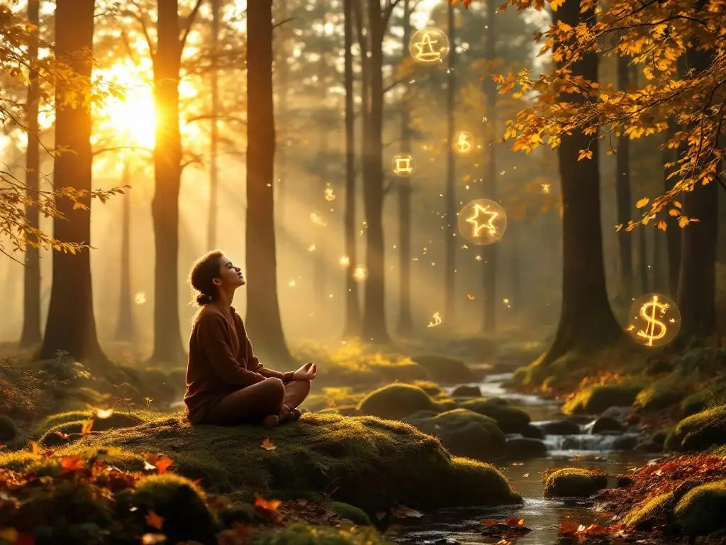 Persoon mediteert op bemoste boomstam in bosopen plek tijdens gouden uur met zonnestralen door bomen