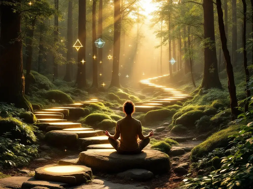 Persoon mediteert op rots in bosopen plek bij zonsondergang, met vertakkende stenen paden en zwevende geometrische vormen