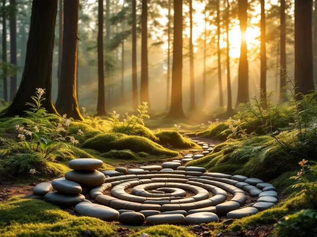 Houten meditatiekussen op mos in bosopen plek bij zonsondergang, met spiraal van stenen en gefilterd zonlicht tussen bomen