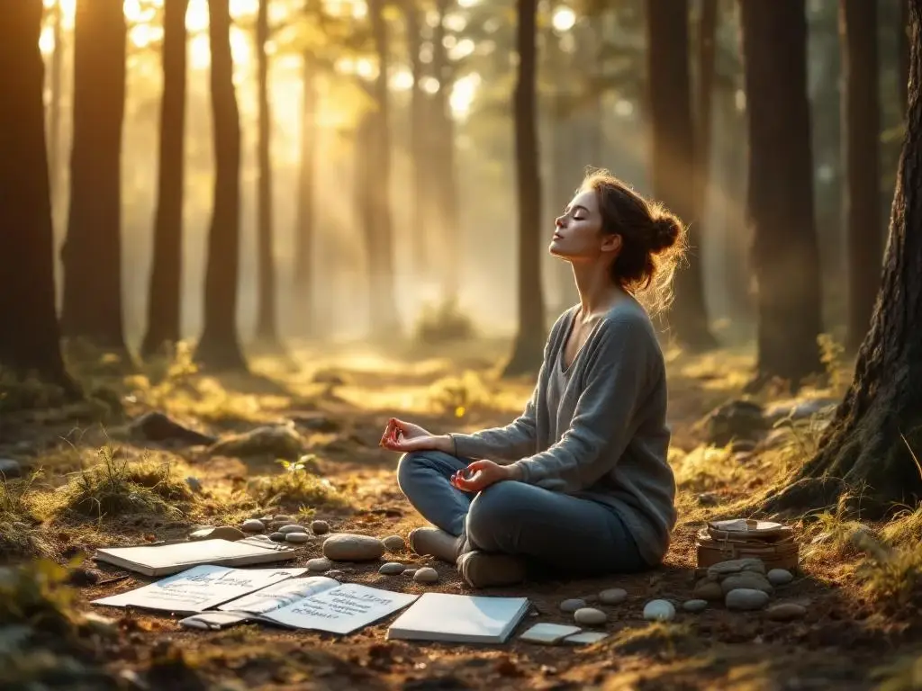 Persoon mediteert gekruist in bosopen plek met visiebord, dagboek en stenen in ochtendlicht tussen bomen
