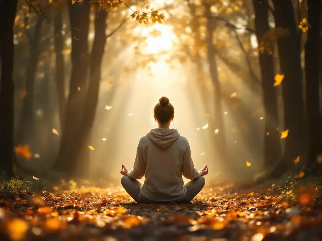 Persoon mediteert kruisbenen in bosopen plek met gouden zonlicht en herfstbladeren, sereen en spiritueel