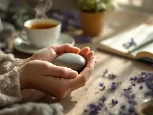 Handen houden rustig een gladde rivier steen vast, op houten bureau met thee en lavendel voor mindfulness en ontspanning