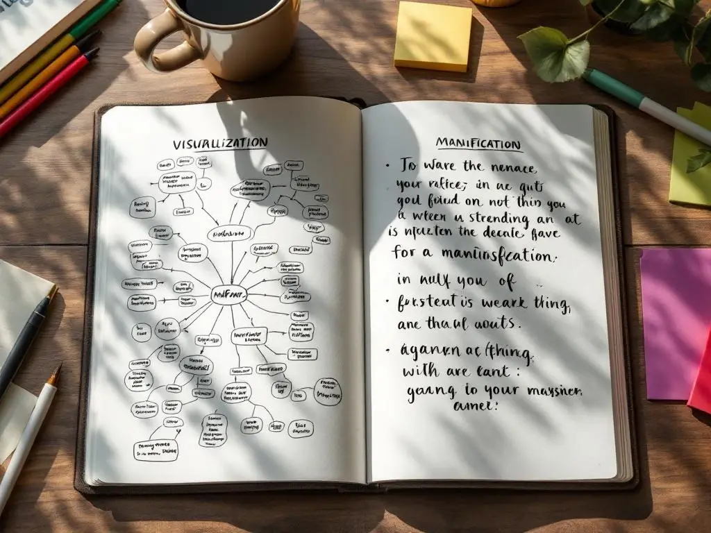 Open notitieboek op houten bureau met mindmap en handgeschreven affirmaties, koffiekop en kleurrijke pennen erbij