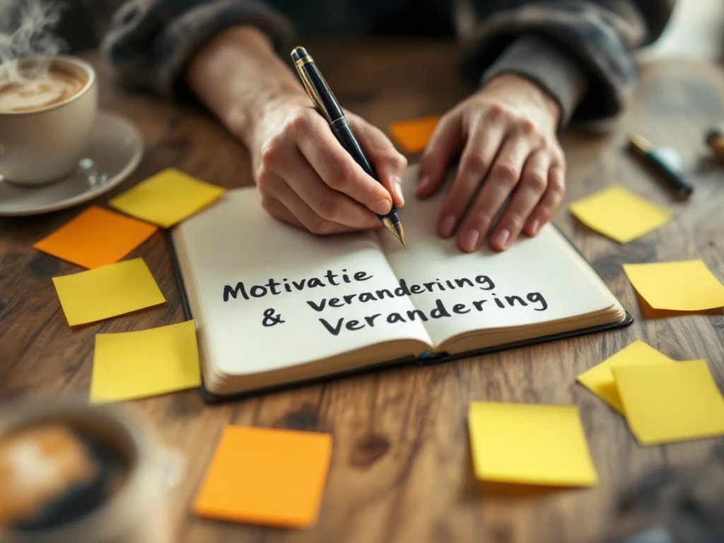 Handen schrijven met vulpen in notitieboek over motivatie en verandering, omringd door gele notities en koffiekopje
