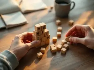 Handen die houten blokken op bureau rangschikken, sommige gestapeld in toren, andere creatief verspreid, met koffie en notitieboek