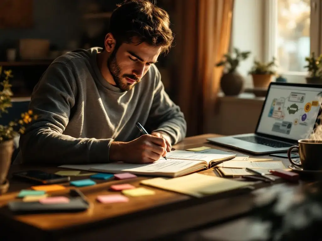 Persoon schrijft gefocust in notitieboek aan houten bureau met laptop, koffie en sticky notes in warm verlicht kantoor