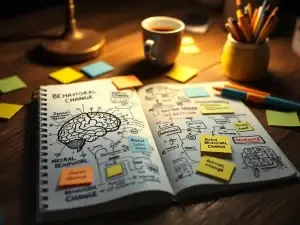Open notitieboek met hersendiagrammen en neurale schetsen op houten bureau, omringd door gekleurde sticky notes met gedragsconcepten