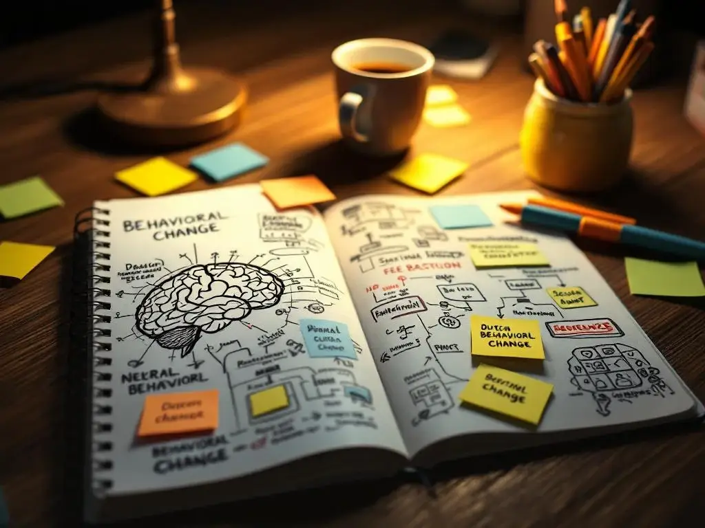 Open notitieboek met hersendiagrammen en neurale schetsen op houten bureau, omringd door gekleurde sticky notes met gedragsconcepten
