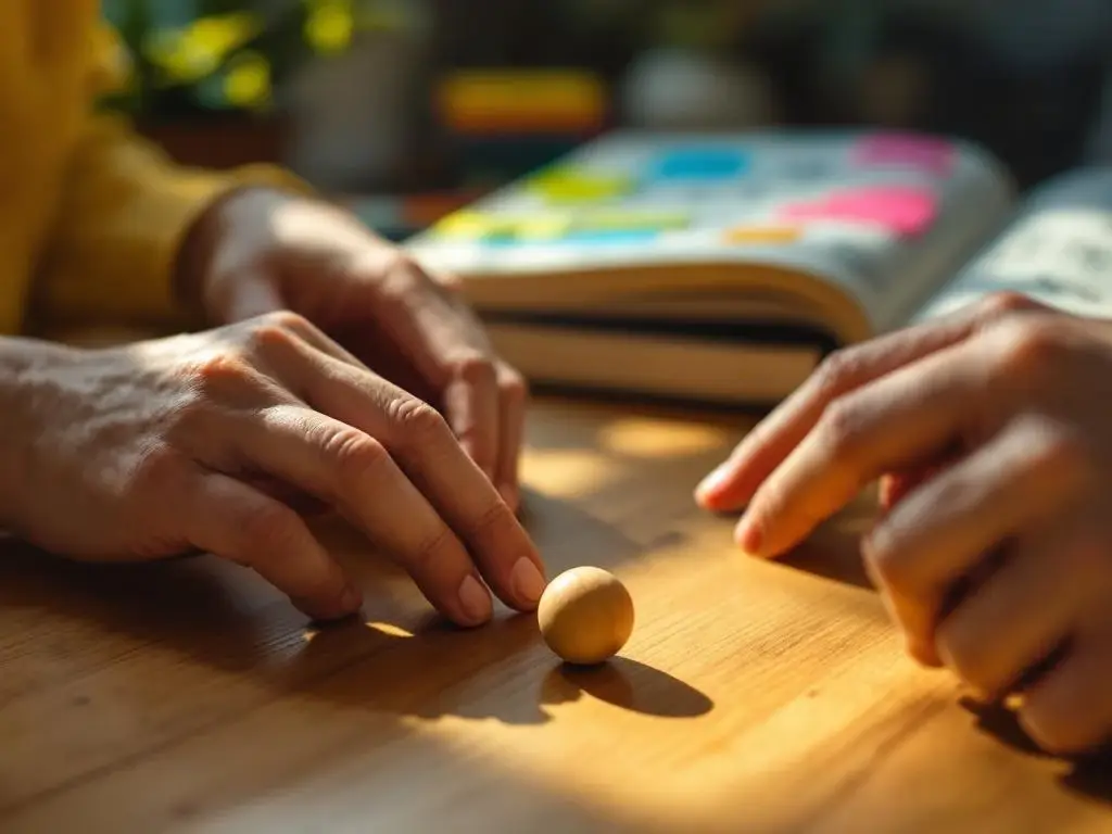 Handen leiden houten bal door doolhof op bureau met notitieboeken en gekleurde notities op achtergrond