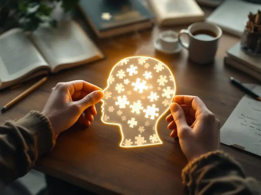 Handen plaatsen gloeiende puzzelstukjes in hoofd silhouet op bureau met psychologie boeken en koffie
