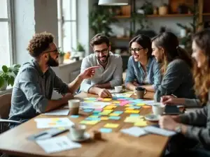Klein team bespreekt organisatieverandering rond houten tafel met gekleurde sticky notes en koffie in moderne werkruimte