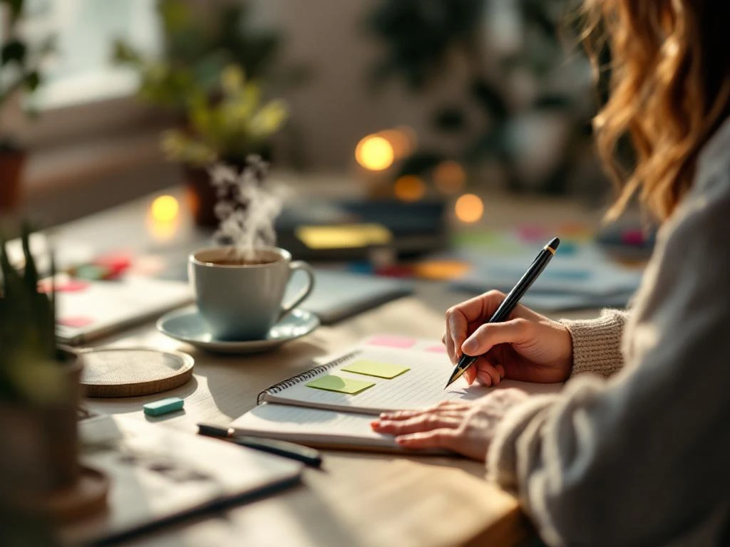 Persoon schrijft bedachtzaam in notitieboek aan gezellig thuiskantoor bureau met koffie en planningsmateriaal