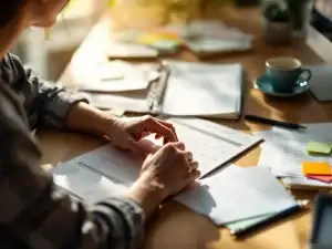 Persoon plant aan houten bureau met kalender, planner en klok, omringd door papieren en koffie in warm licht