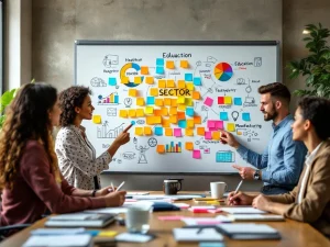 Diverse professionals brainstormen rond whiteboard met gekleurde sticky notes en sectordiagrammen in moderne vergaderruimte