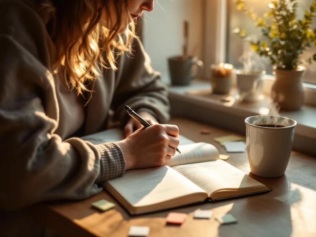 Persoon schrijft in dagboek aan houten bureau in huiskantoor met koffie, reflectiekaarten en warm zonlicht