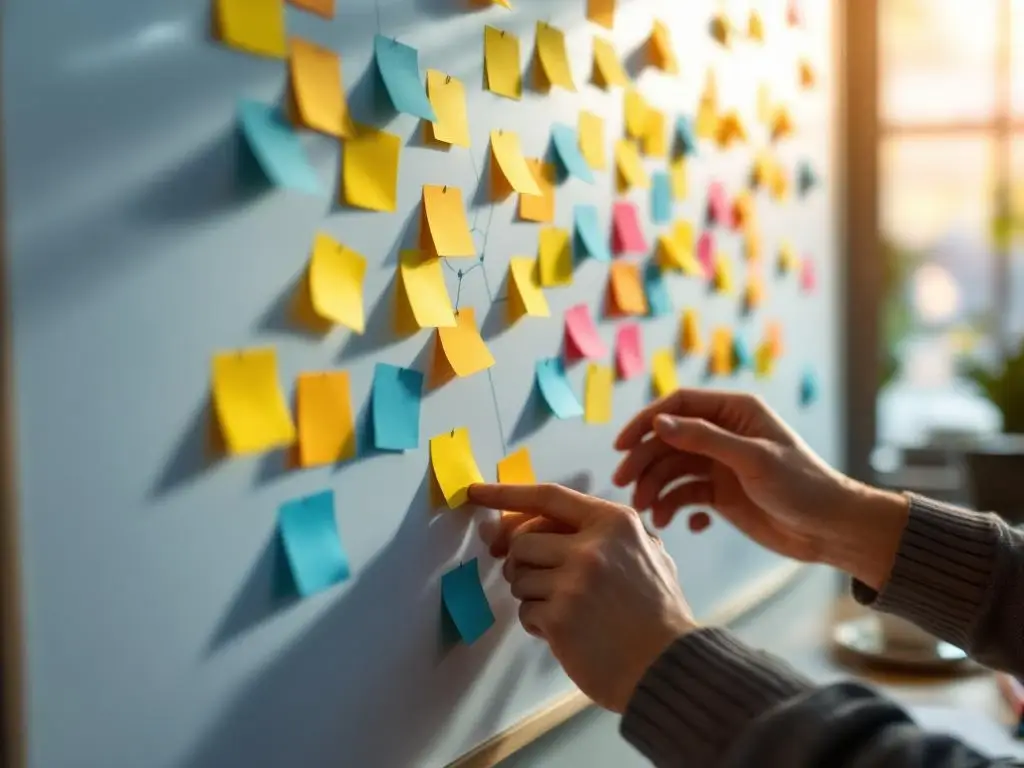 Handen die kleurrijke sticky notes op whiteboard rangschikken in clusters voor sociale netwerk mapping in moderne werkruimte