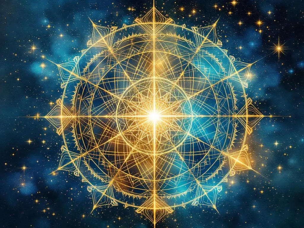 Artistieke illustratie toont gouden mandala en modern kantoorgebouw verbonden door paarse aquarel brug in warme tinten