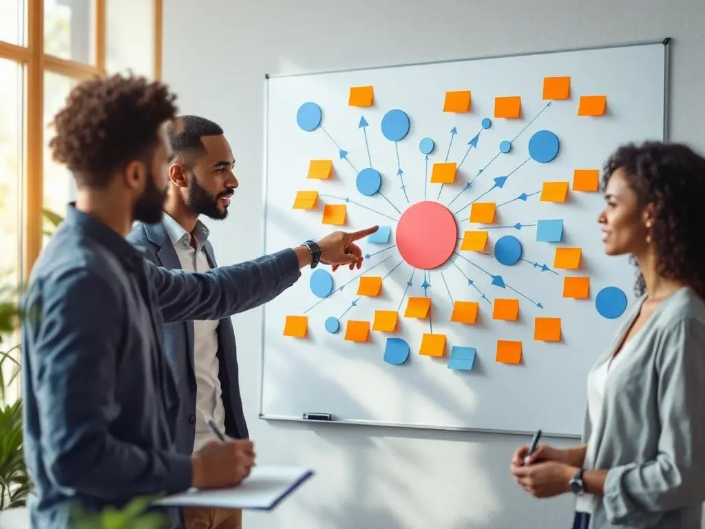 Drie professionals werken samen aan stakeholder mapping op whiteboard met gekleurde notities en diagrammen