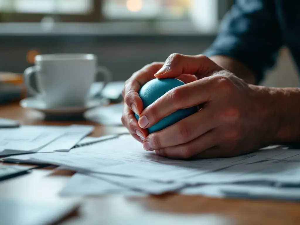 Handen knijpen in stressbal op houten bureau met verspreide papieren en koffiekop in kantooromgeving