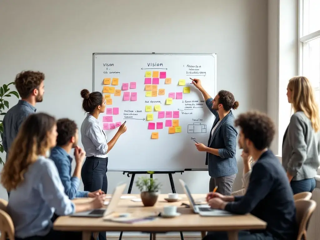 Divers team van professionals werkt samen rond whiteboard met sticky notes en visieplannen in moderne kantoorruimte