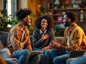 Drie diverse teamleden in gesprek in moderne werkruimte, één luistert aandachtig, ander spreekt expressief