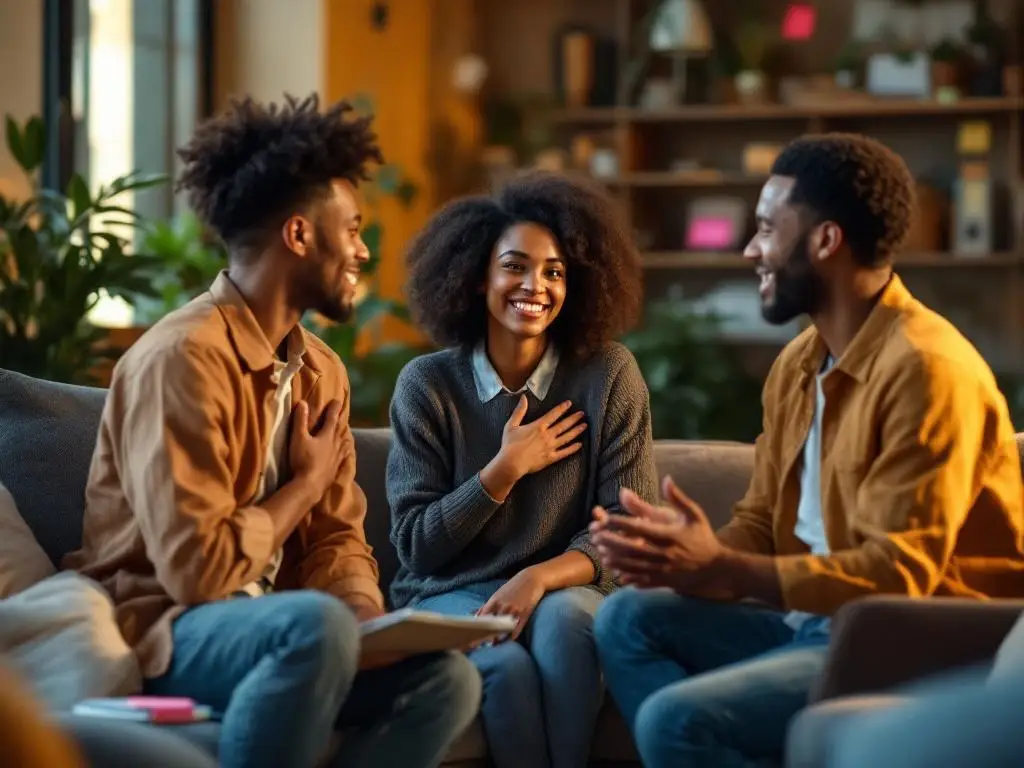 Drie diverse teamleden in gesprek in moderne werkruimte, één luistert aandachtig, ander spreekt expressief