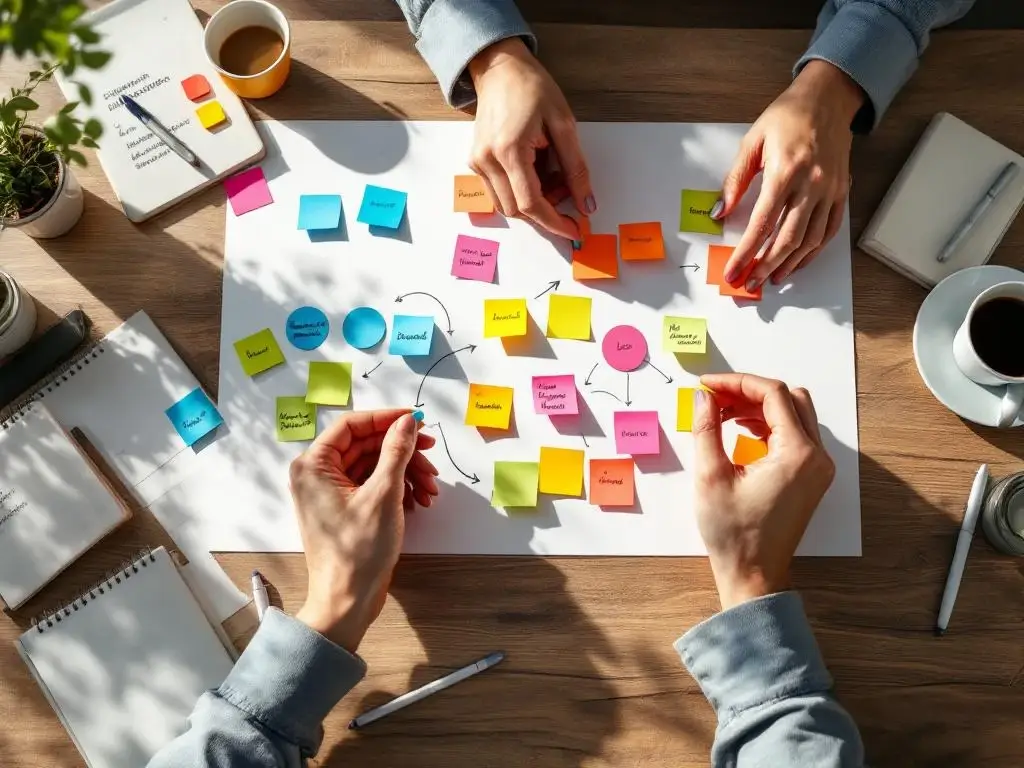 Handen die kleurrijke sticky notes op whiteboard arrangeren voor teamdoelen, met notitieboeken en koffie op houten tafel