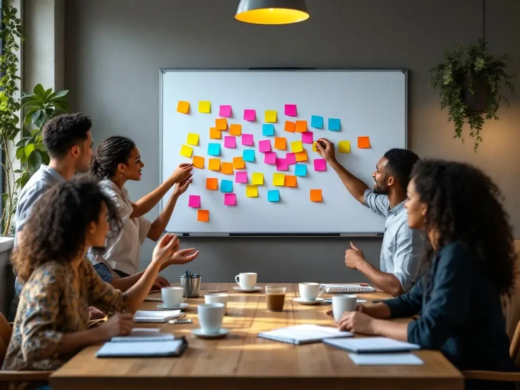 Diverse collega's werken samen rond houten tafel, plaatsen gekleurde sticky notes op whiteboard in moderne werkruimte