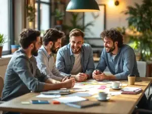 Drie collega's in geanimeerde discussie rond houten tafel met sticky notes en schetsen in modern kantoor